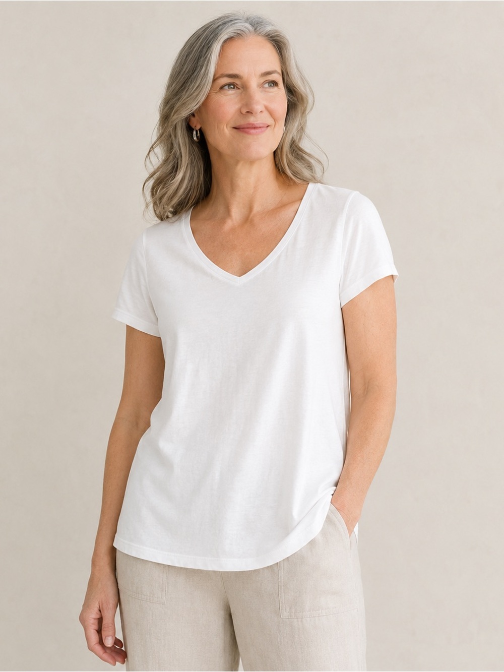 Pure Jill Pima Cotton Elliptical Tee, White, Neutral, minimalist, M